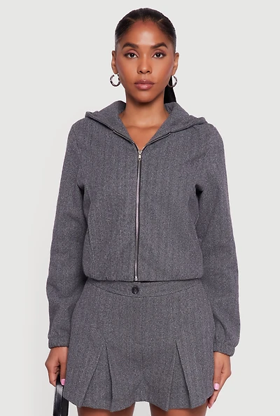 Herringbone Zip Front Elastic Hem Jacket