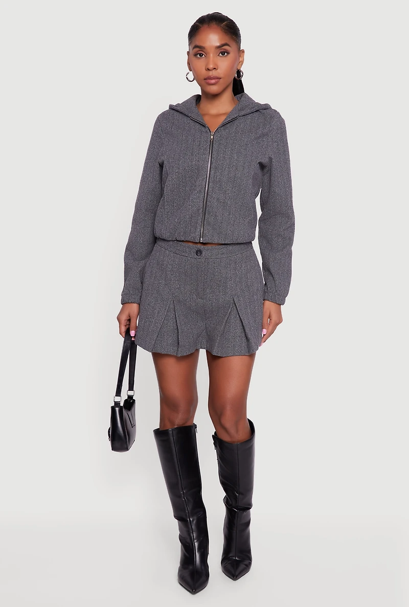 Womens Herringbone Zip Front Elastic Hem Jacket, Grey, Size M