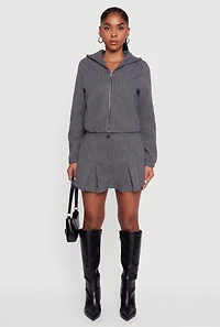 Womens Herringbone Zip Front Elastic Hem Jacket, Grey, Size M