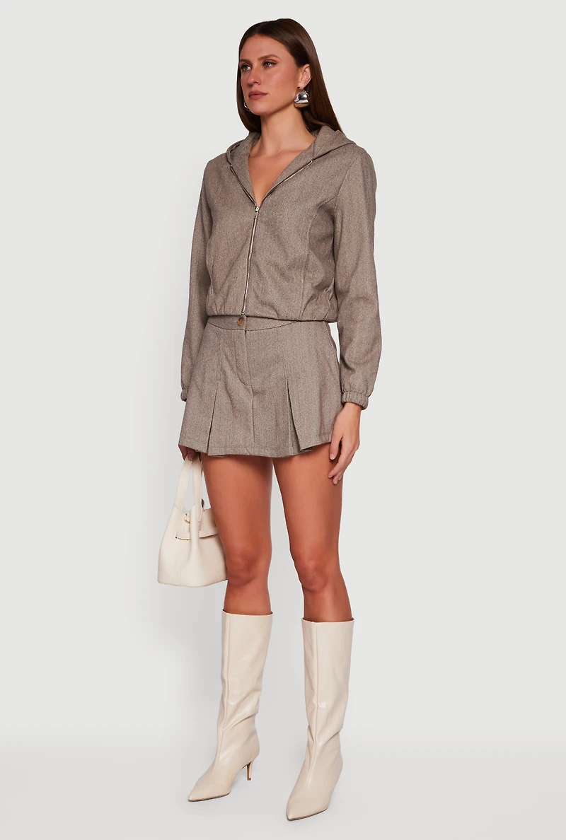 Herringbone Zip Front Elastic Hem Jacket