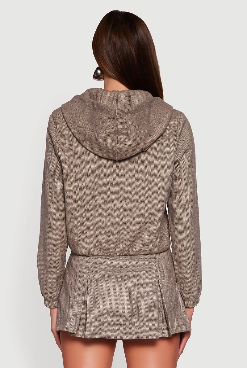 Herringbone Zip Front Elastic Hem Jacket