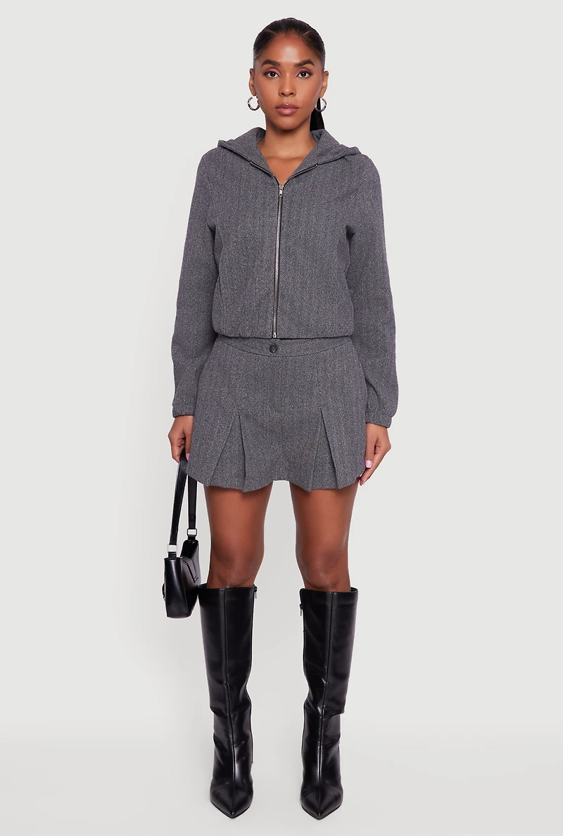 Womens Herringbone Lined Pleated Mini Skirt, Grey, Size S