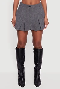 Womens Herringbone Lined Pleated Mini Skirt, Grey, Size L