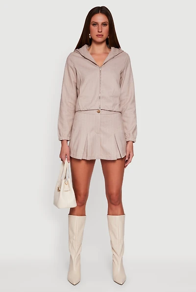 Womens Herringbone Lined Pleated Mini Skirt, Khaki, Size M