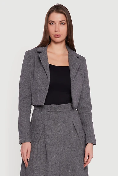 Womens Cropped Open Front Herringbone Blazer, Grey, Size L