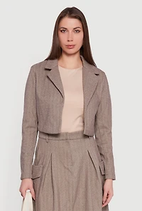 Cropped Open Front Herringbone Blazer