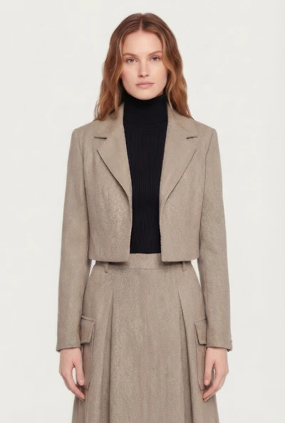 Cropped Open Front Herringbone Blazer