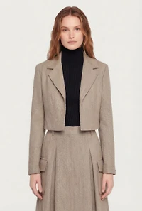 Cropped Open Front Herringbone Blazer