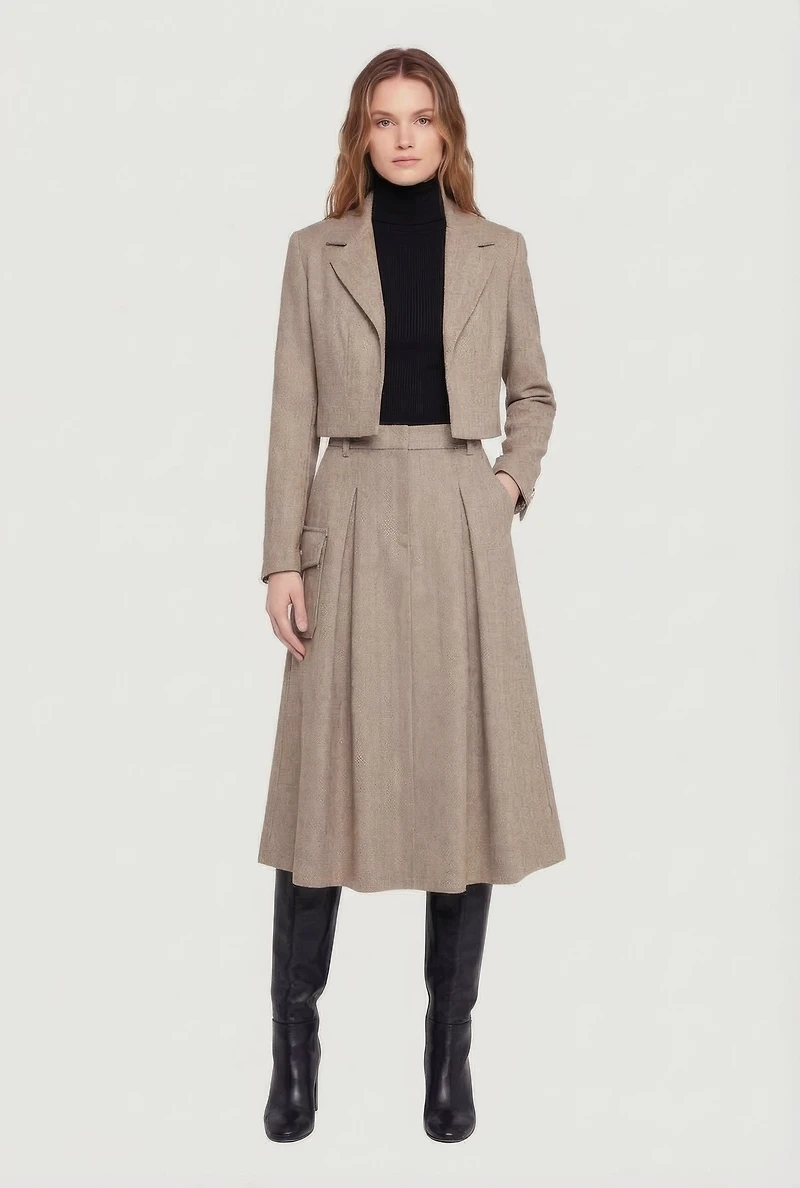 Cropped Open Front Herringbone Blazer