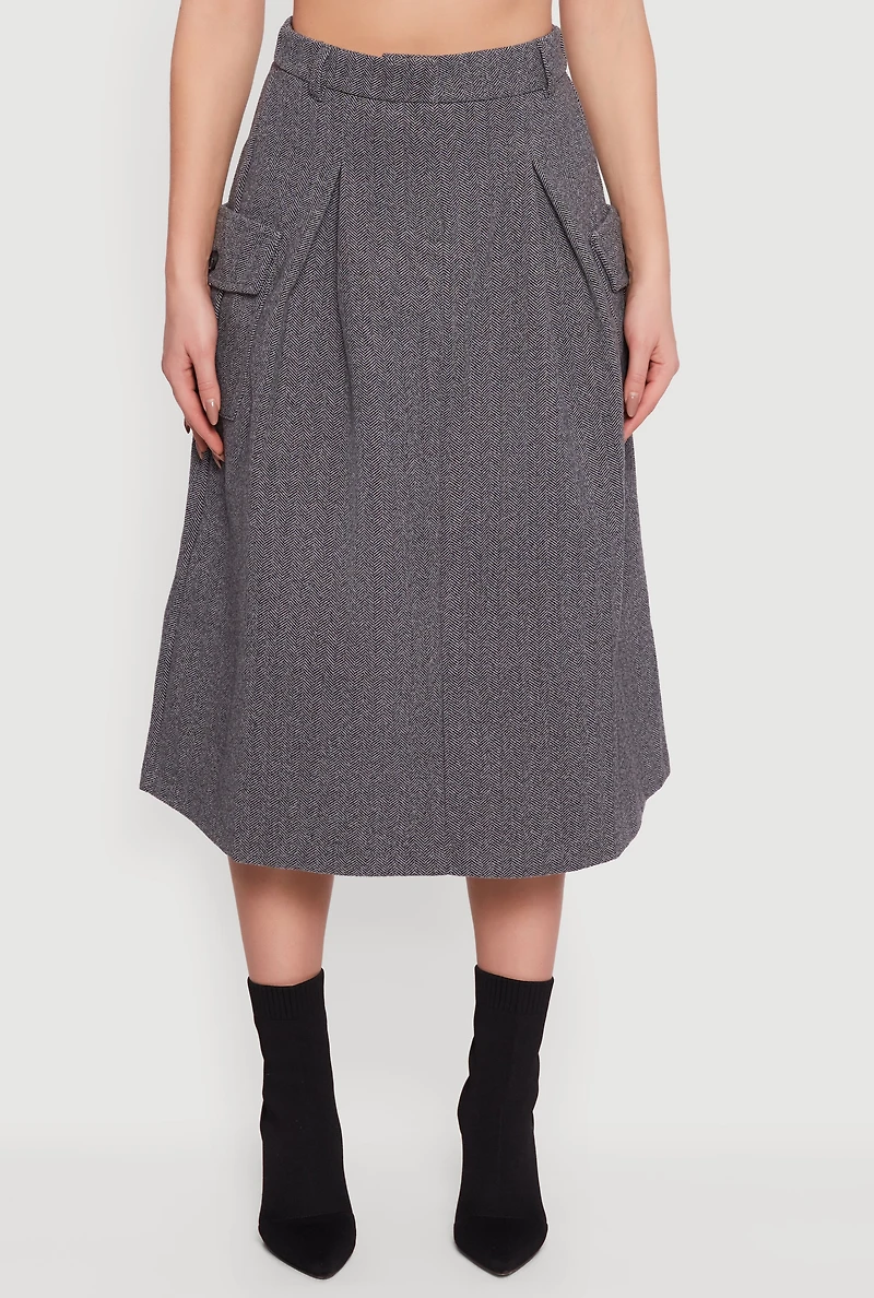 Herringbone Tweed Cargo Pocket Pleated Skirt