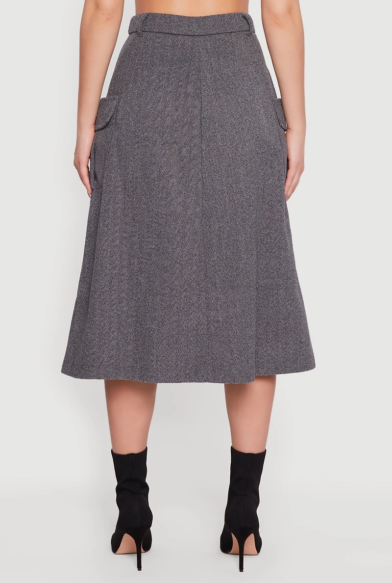 Herringbone Tweed Cargo Pocket Pleated Skirt