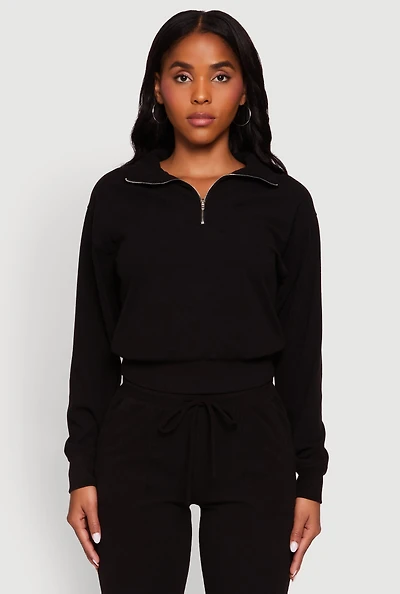Womens Long Sleeve Solid Half Zip Pullover Top, Black, Size M