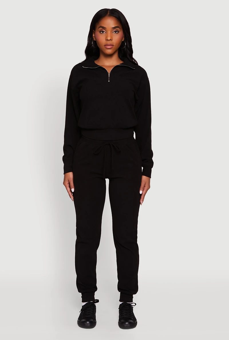 Womens Long Sleeve Solid Half Zip Pullover Top, Black, Size S