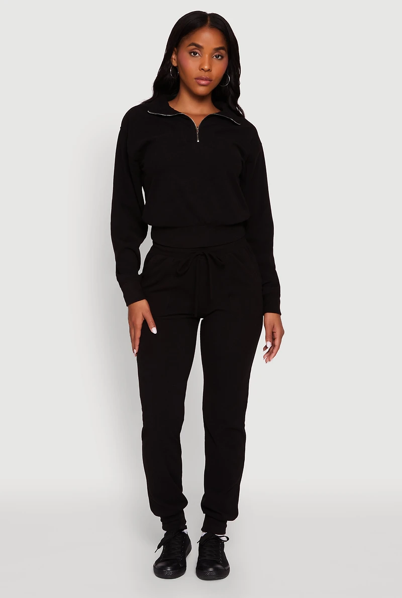 Womens Long Sleeve Solid Half Zip Pullover Top, Black, Size S