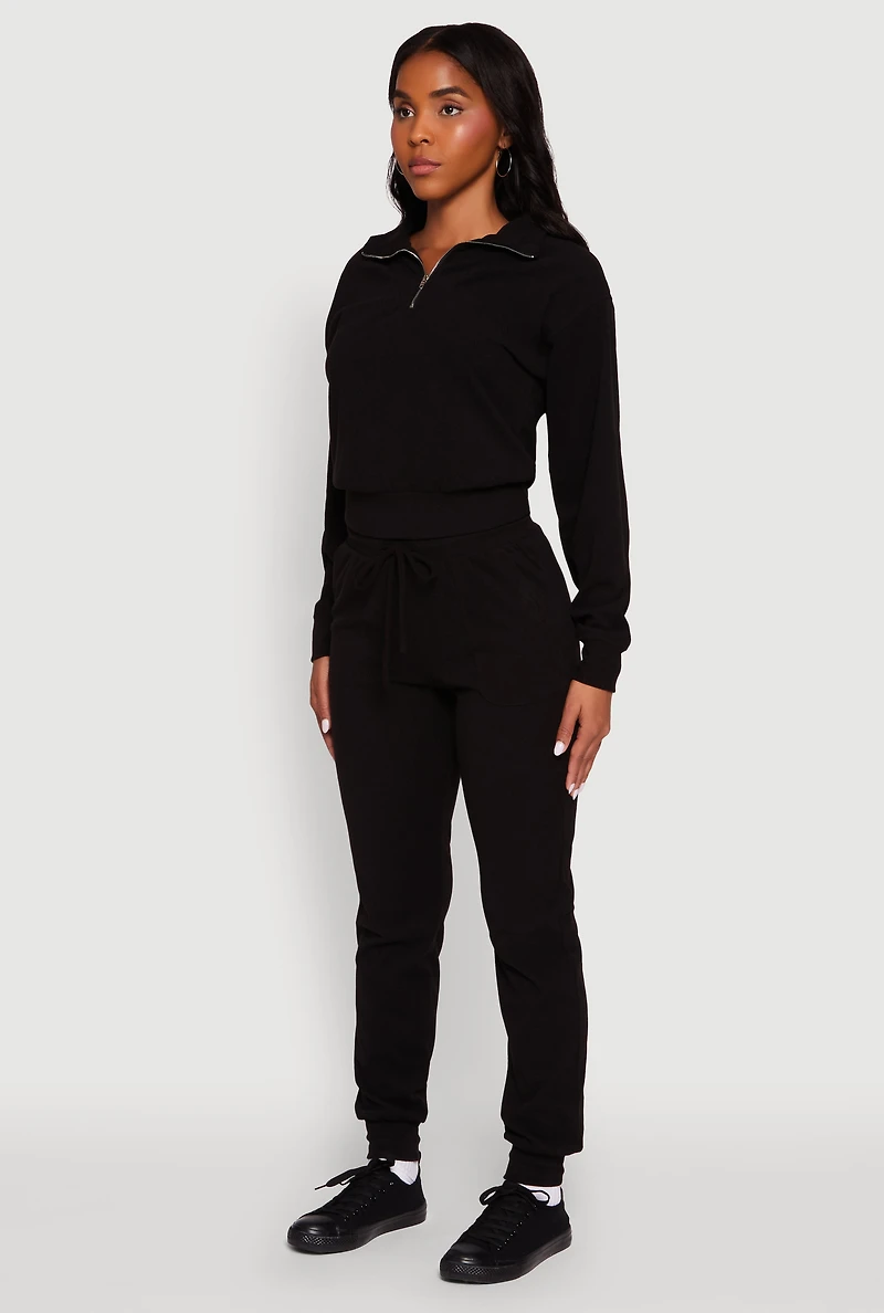 Womens Long Sleeve Solid Half Zip Pullover Top, Black, Size S