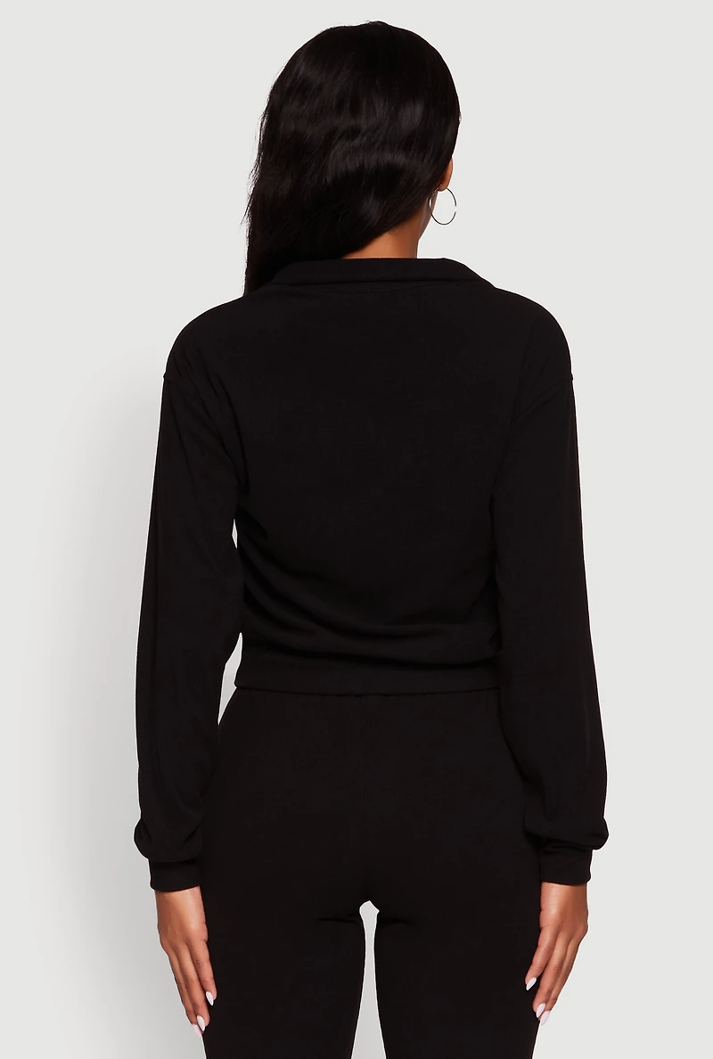 Womens Long Sleeve Solid Half Zip Pullover Top, Black, Size S