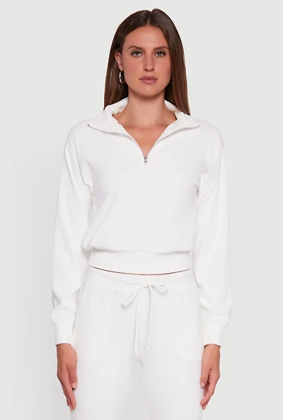 Womens Long Sleeve Solid Half Zip Pullover Top, White, Size M