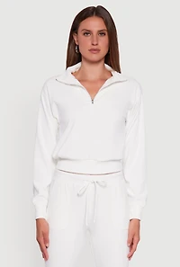 Womens Long Sleeve Solid Half Zip Pullover Top, White, Size M