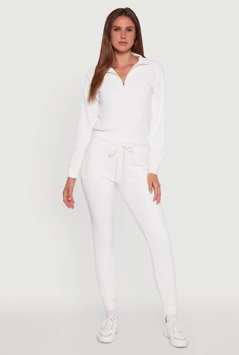 Womens Long Sleeve Solid Half Zip Pullover Top, White, Size M