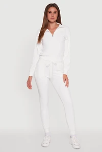 Womens Long Sleeve Solid Half Zip Pullover Top, White, Size M