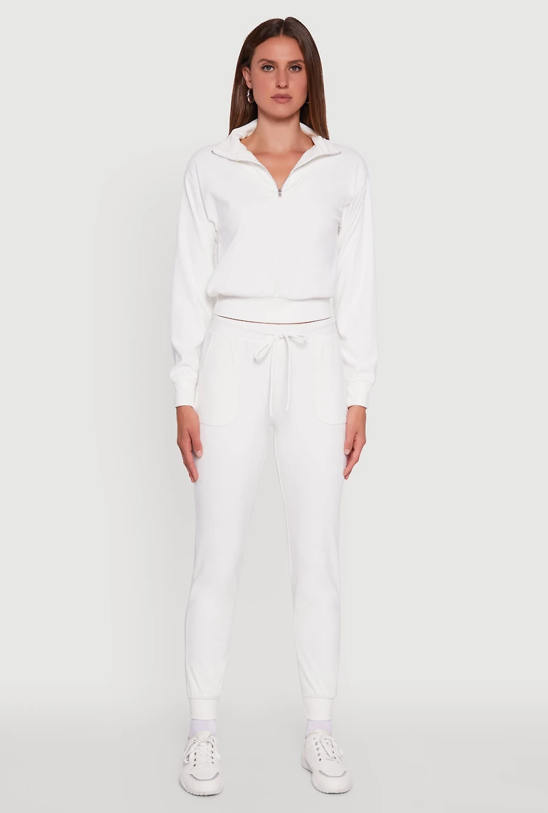 Womens Long Sleeve Solid Half Zip Pullover Top, White, Size M