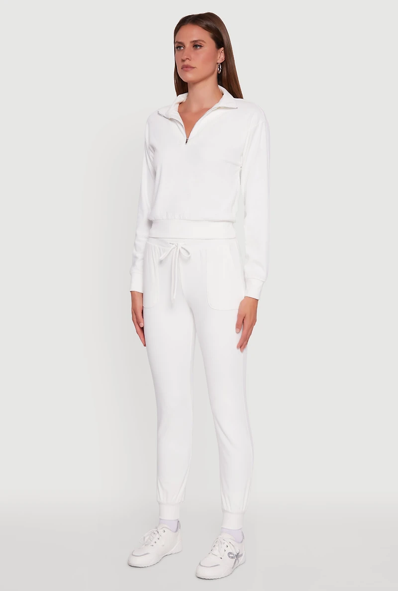Womens Long Sleeve Solid Half Zip Pullover Top, White, Size M