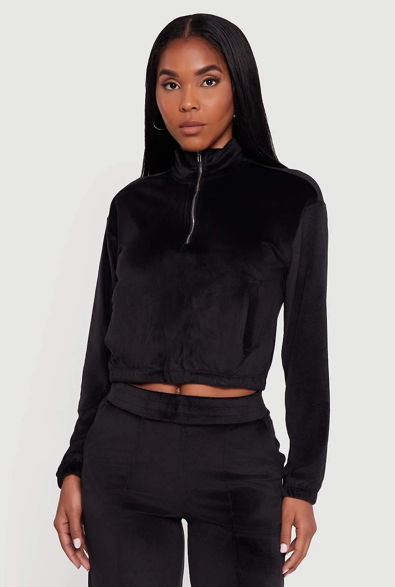 Womens Velour Half Zip Cropped Pullover Sweater,