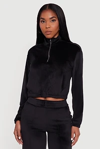 Womens Velour Half Zip Cropped Pullover Sweater,