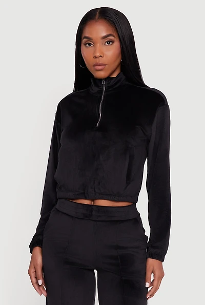 Womens Velour Half Zip Cropped Pullover Sweatshirt, Black,