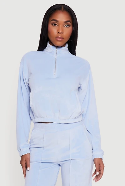 Womens Velour Half Zip Cropped Pullover Sweater, Blue, Size M
