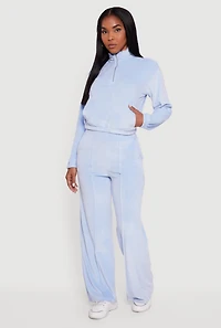Womens Velour Half Zip Cropped Pullover Sweater, Blue, Size M