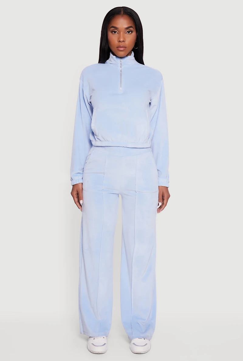 Womens Velour Half Zip Cropped Pullover Sweater, Blue, Size M