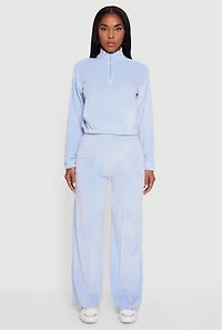 Womens Velour Half Zip Cropped Pullover Sweater, Blue, Size M