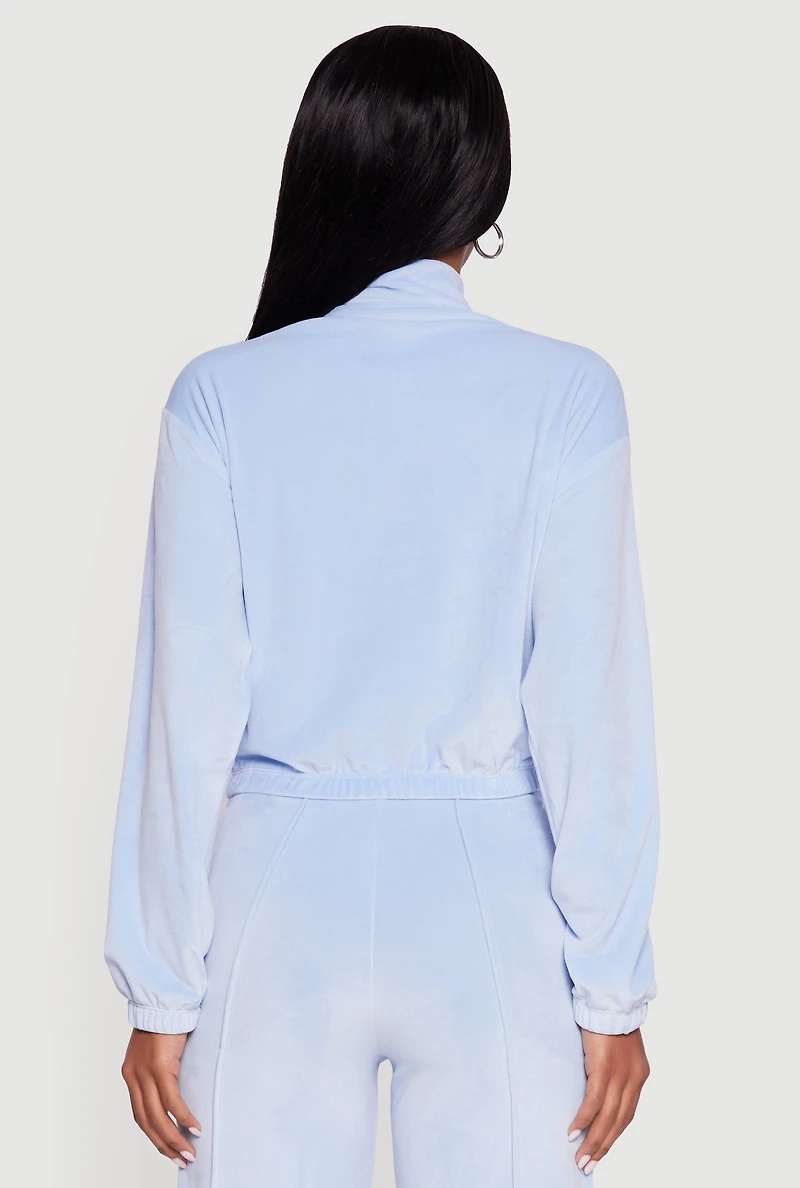 Womens Velour Half Zip Cropped Pullover Sweater, Blue, Size M