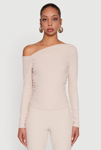Womens One Shoulder Long Sleeve Blouse, Beige, Size M