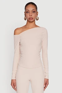 Womens One Shoulder Long Sleeve Blouse, Beige, Size S