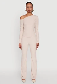 Womens One Shoulder Long Sleeve Blouse, Beige, Size S