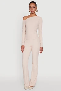 Womens One Shoulder Long Sleeve Blouse, Beige, Size S