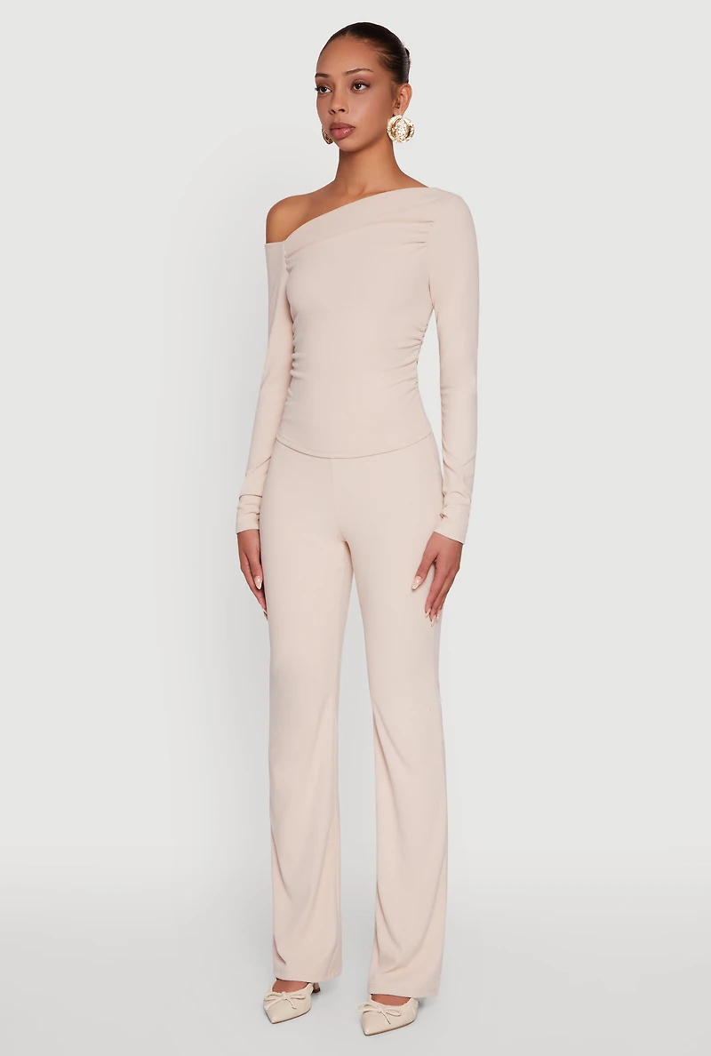 Womens One Shoulder Long Sleeve Blouse, Beige, Size S