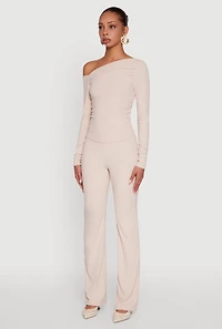 Womens One Shoulder Long Sleeve Blouse, Beige, Size S