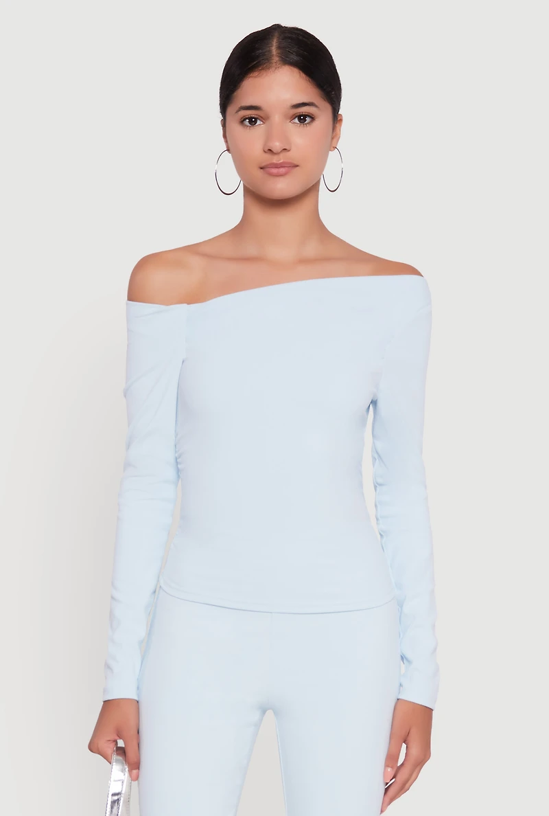Womens One Shoulder Long Sleeve Blouse, Blue, Size L