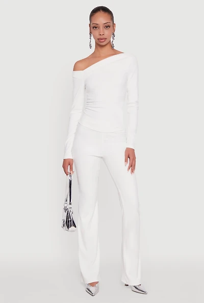 Womens Brushed Knit Pull On Dress Pants, White, Size S