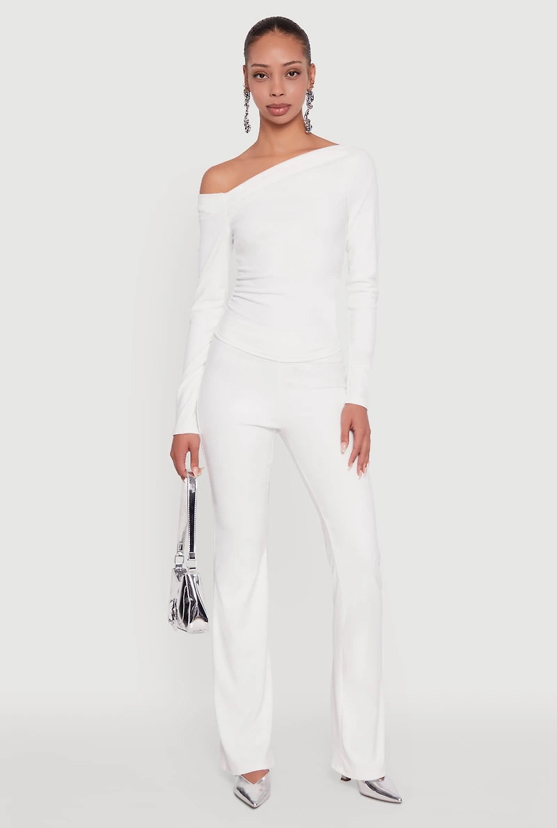 Womens Brushed Knit Pull On Dress Pants, White, Size L