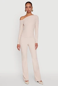 Womens Brushed Knit Pull On Dress Pants, Khaki, Size M