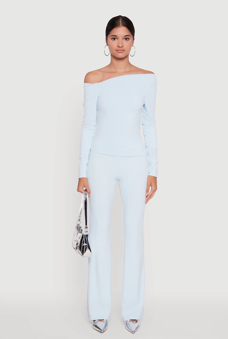 Womens Brushed Knit Pull On Dress Pants, Blue,