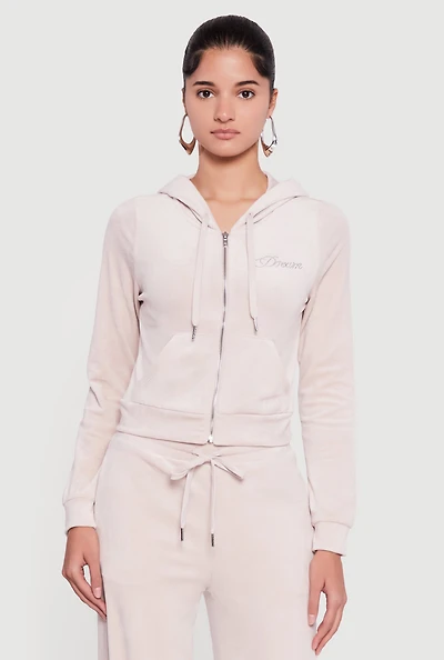 Velour Rhinestone Dream Graphic Zip Front Hoodie