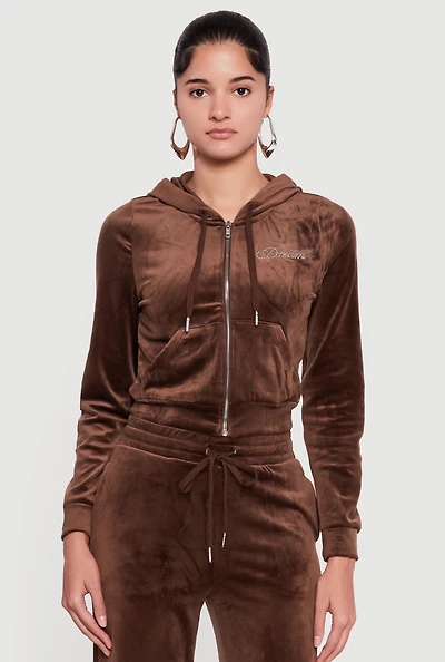 Velour Rhinestone Dream Graphic Zip Front Hoodie