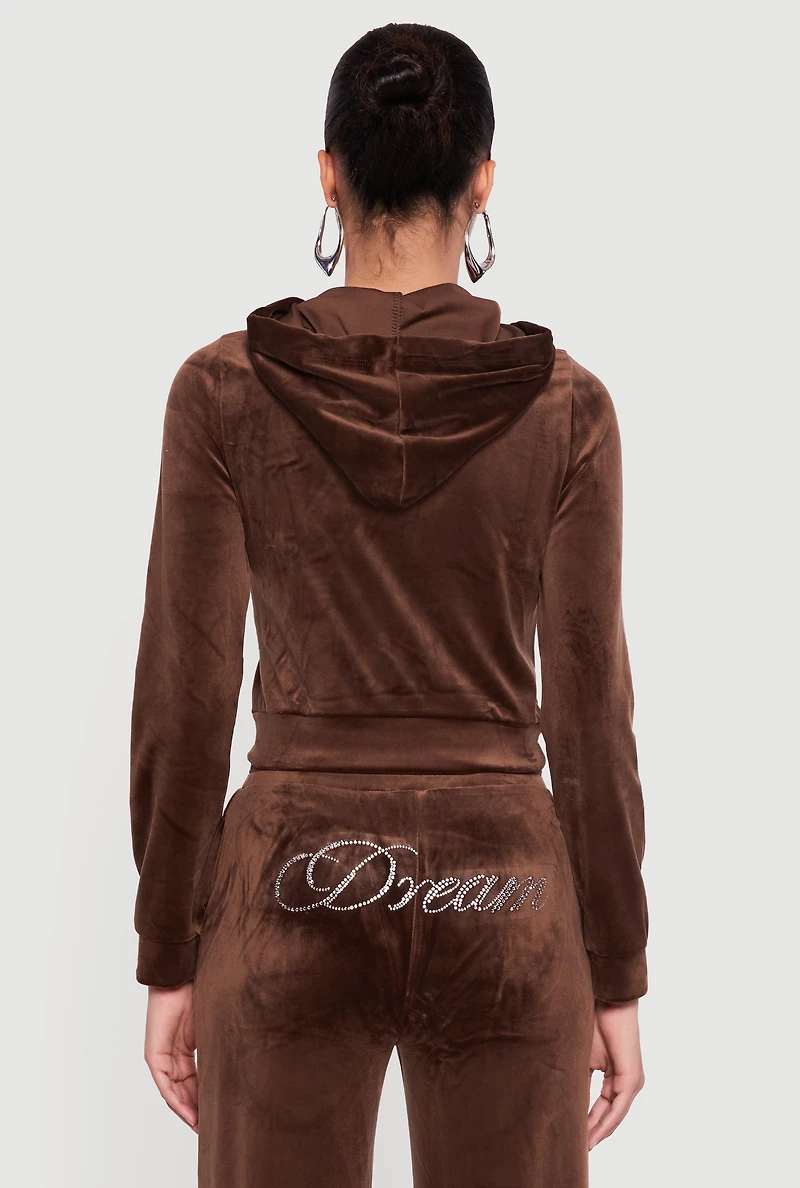 Velour Rhinestone Dream Graphic Zip Front Hoodie