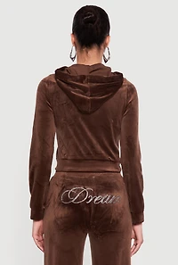 Velour Rhinestone Dream Graphic Zip Front Hoodie