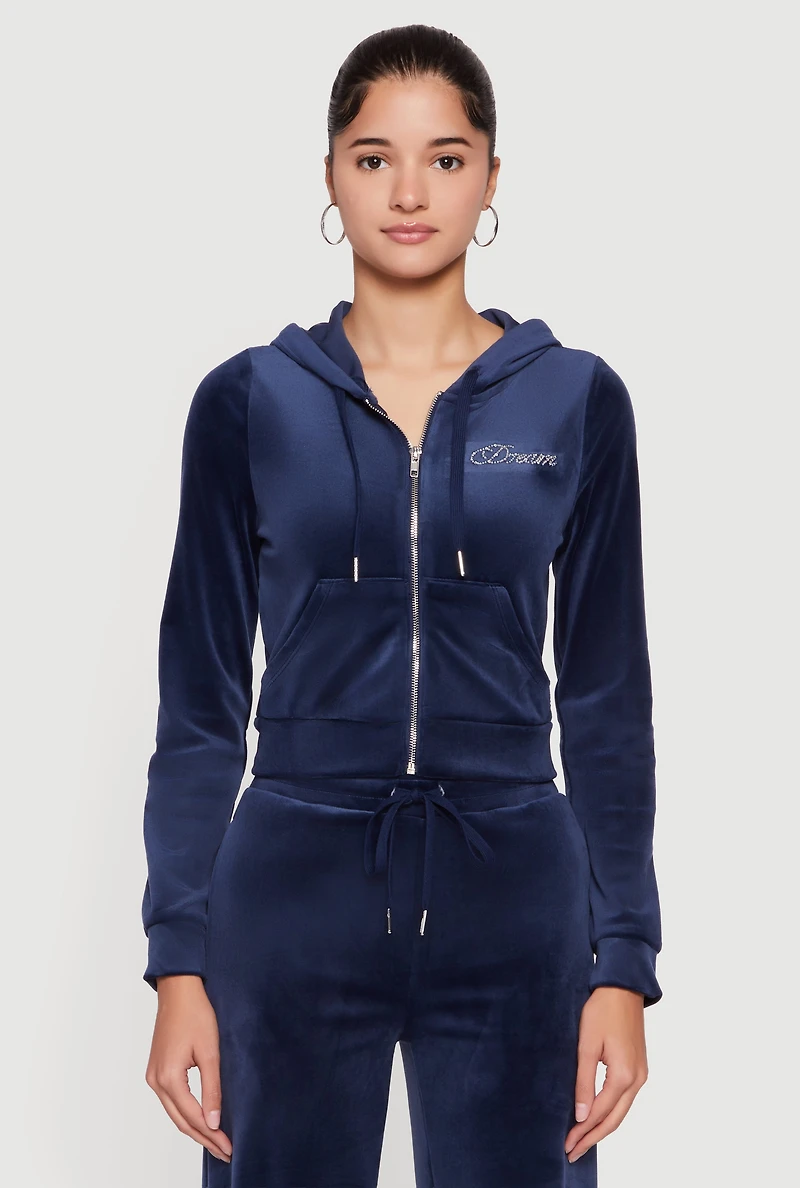 Womens Velour Rhinestone Dream Graphic Zip Front Hoodie, M